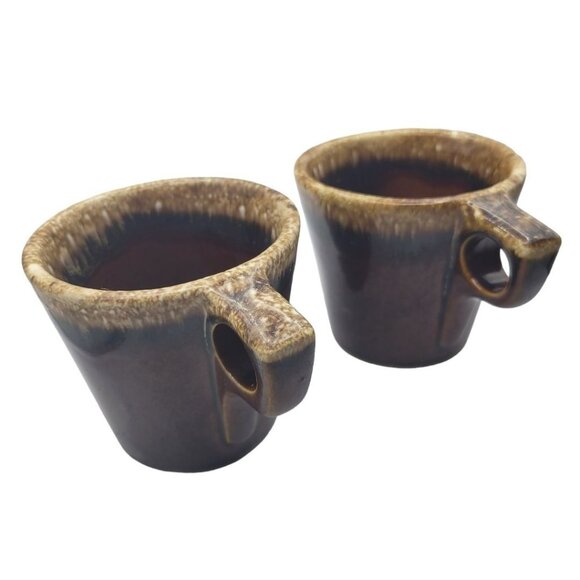 Hull Cup Mug Brown Drip Glaze Oven Proof Coffee Tea Square Handle Set Pair Two - Picture 12 of 12